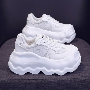 新款 2025春季 网面面包板鞋 真皮休闲小白鞋 韩版 女鞋 松糕厚底溶解鞋
