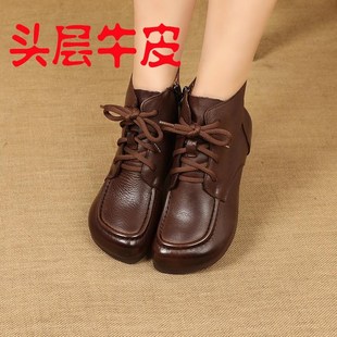超软牛筋底方头小短靴女秋冬平底妈妈单靴复古手工真皮百搭马丁靴