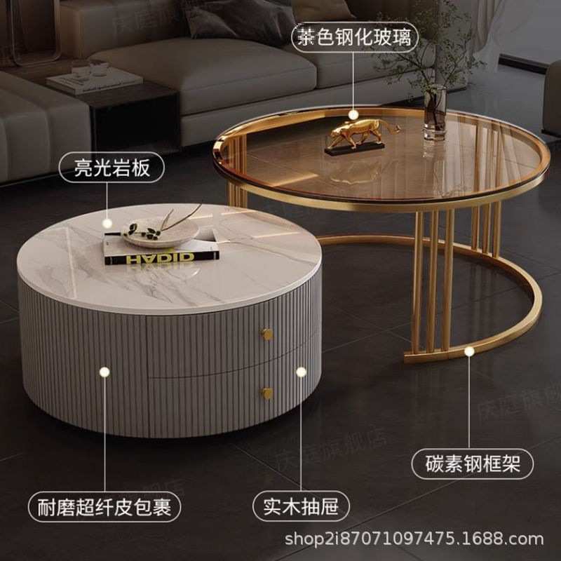 茶几轻奢简约现代客厅家用小户型北欧边几大理石岩板圆形小茶几桌
