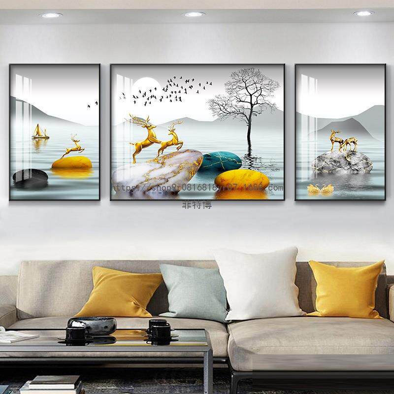 菲特博客厅装饰画高级感壁画三联画现代简约大气墙画新款沙发背景