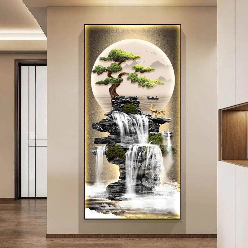 玄关装饰画客厅茶室走廊过道挂画新中式迎客松入户山水画发光灯画