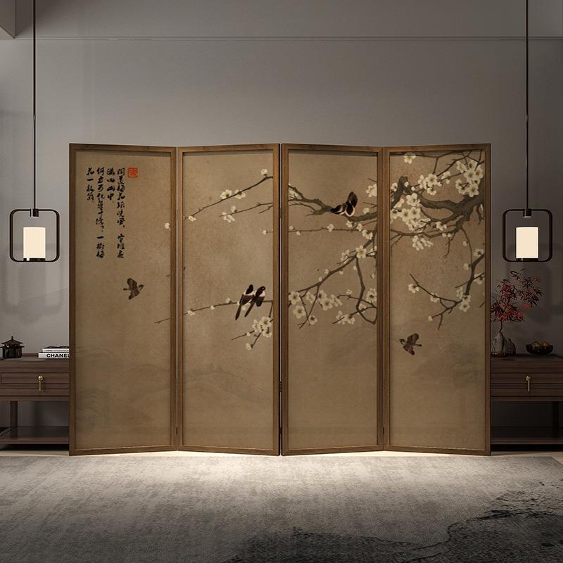 新中式花鸟屏风隔断客厅房间移动折叠玄关实木入户门卧室移动折屏