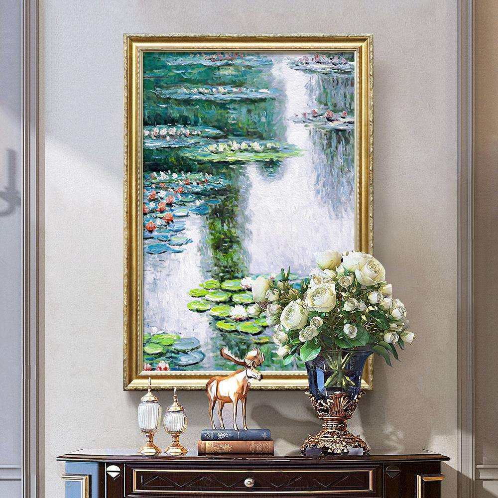 现代立体荷叶荷花油画简欧客厅装饰画美式轻奢玄关走廊壁酒店挂画