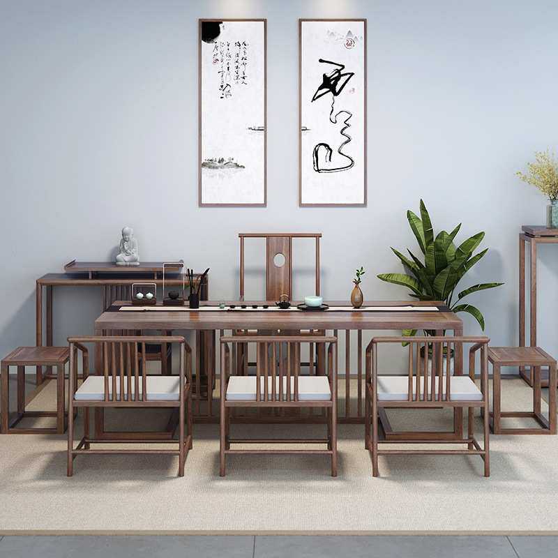 新中式茶桌椅组合北方老榆木茶台办公室茶空间禅意实木功夫泡茶桌