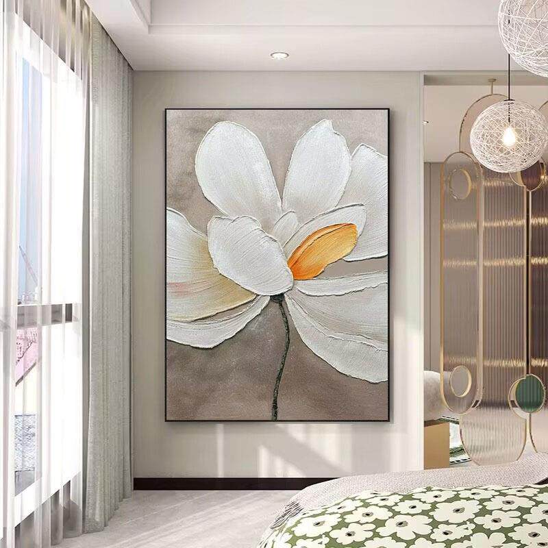 手绘油画白色花卉客厅玄关装饰画北欧风立体肌理房间卧室高级挂画