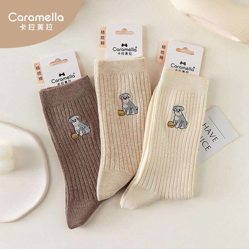 caramella袜子女士秋冬新款中筒棉袜双针抽条刺绣女袜12双装