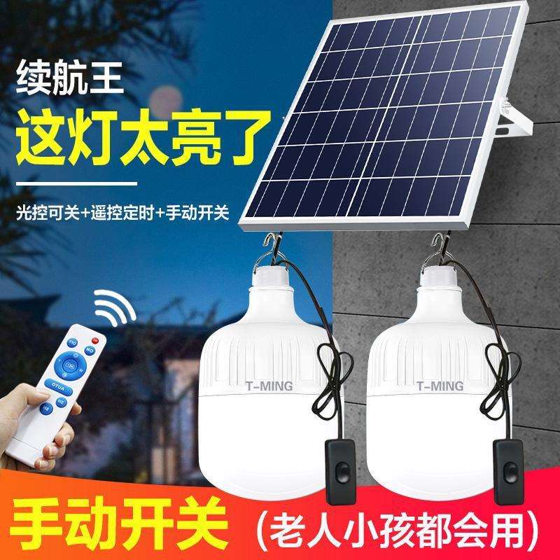 太阳能照明灯泡一拖二超亮家用室内照明灯带线开关户外防水庭院灯