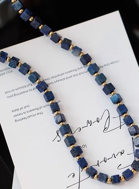 美拉德天然方形青金石头颈链高级小众轻奢波西米亚风格十字