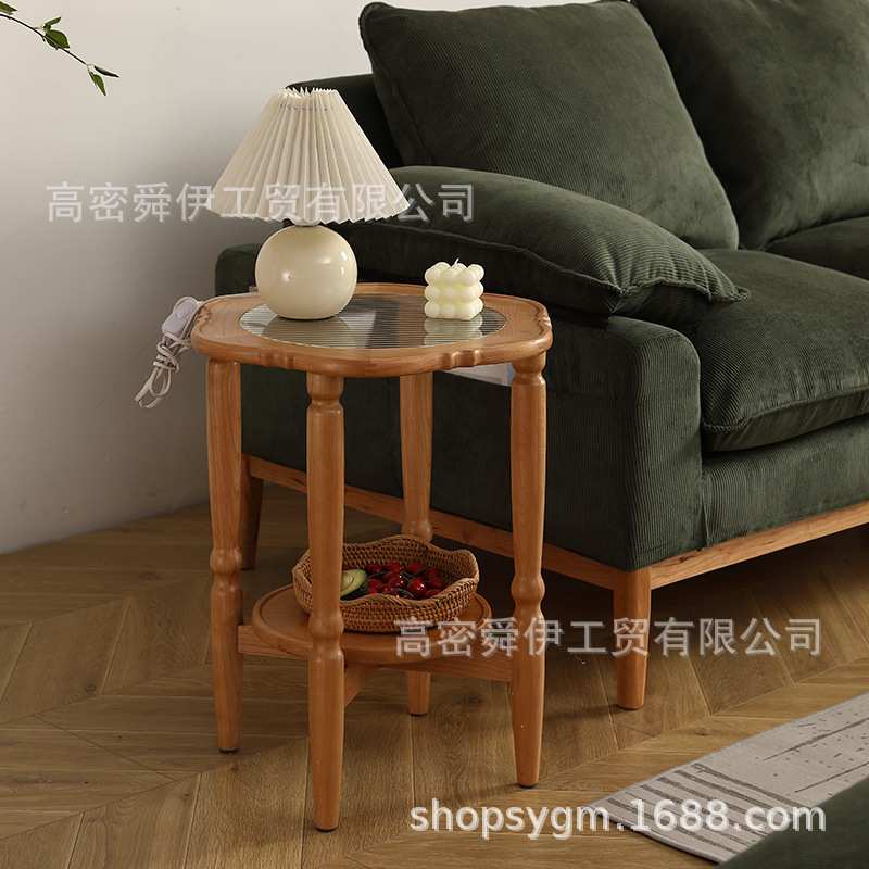 复古樱桃实木茶几简约客厅家具中古风小户型圆几海棠玻璃花边茶几