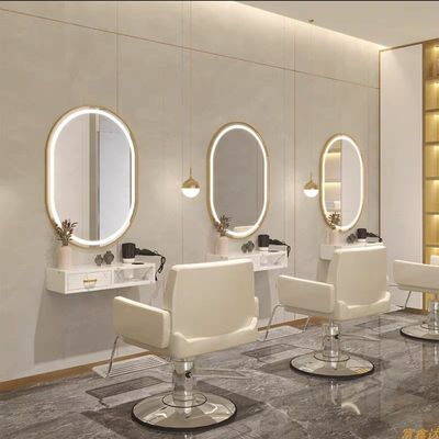 网红高端烫染镜台带LED灯壁挂柜子套装美发店理发正椭圆方形镜子