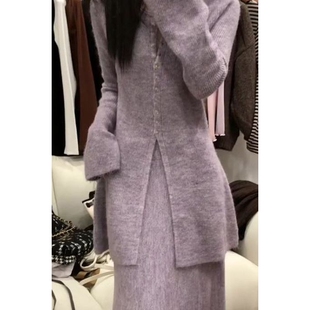 韩版紫色毛衣套装裙女秋冬新款宽松外穿慵懒风半身长裙子两件套潮