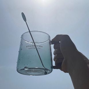 韩国透明渐变绿色海洋藤编把手玻璃水杯大容量咖啡马克杯子韩宿舍