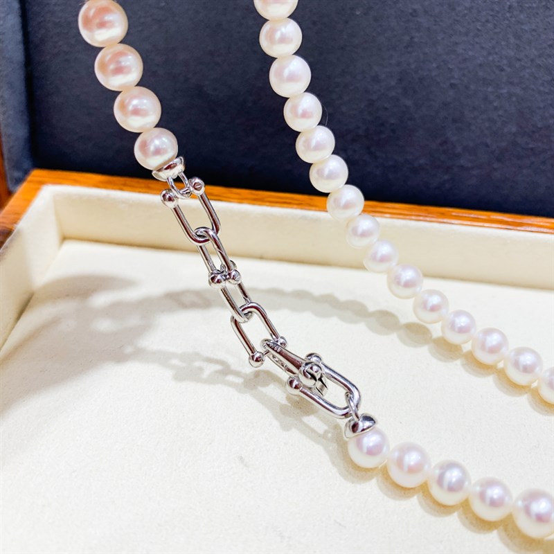 DIY珍珠配件 S925q 纯银单排珍珠项链扣头配件 金色银色帽盖马蹄