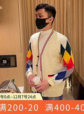 韩版时髦拼色设计男式针织开衫23秋冬复古学院风休闲毛衣外套男潮