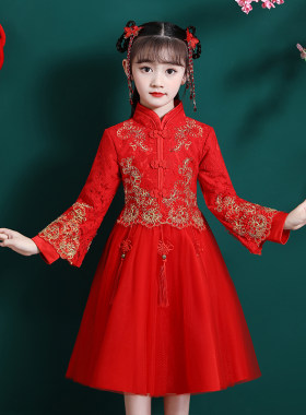 汉服女童拜年服冬装中国风唐装儿童新年红色旗袍古装冬季连衣裙子