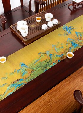 复古桌旗中式禅意茶旗防水茶室茶巾千里江山图棉麻布艺瑞鹤图茶艺