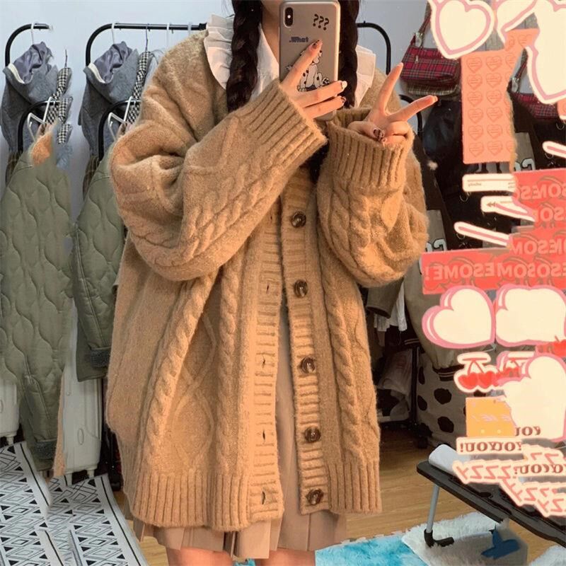 秋冬慵懒风宽松麻花毛衣女开衫学生针织衫外套百搭显瘦上衣韩版潮