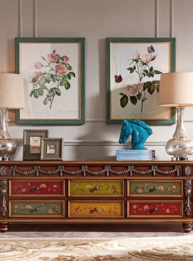 欧式实木电视柜美式乡村地柜客厅雕花茶几手绘弧形 l蓝色卧室家俱