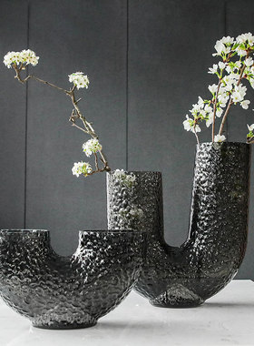 现代艺术简约北欧式灰色形轻奢玻璃花器摆件样板房装饰品
