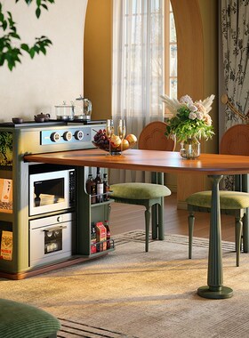 岛台餐桌一体家用可伸缩法式复古风餐厅白蜡木实木中古风绿色餐桌