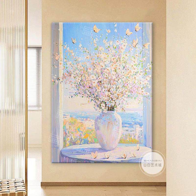 奶油风白色花卉肌理手绘油画静物花瓶客厅装饰画楼梯酒店玄关挂画