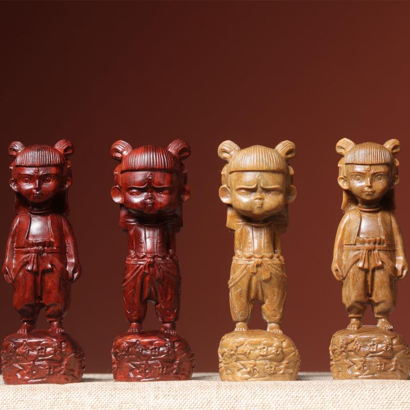 国潮紫檀木雕哪吒手把件绿檀木质卡通可爱玩偶创意家居小摆件