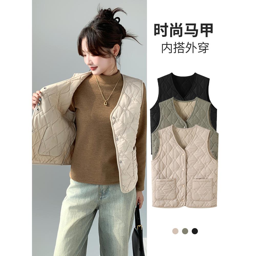 带口袋马甲女秋冬季加绒保暖背心外穿休闲运动内搭短款坎肩