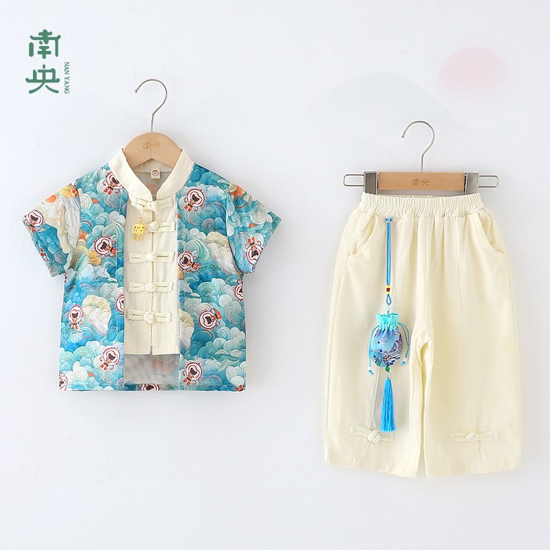 哪吒闹海国风汉服男童短袖套装夏季薄款儿童唐装新中式六一演出服图片