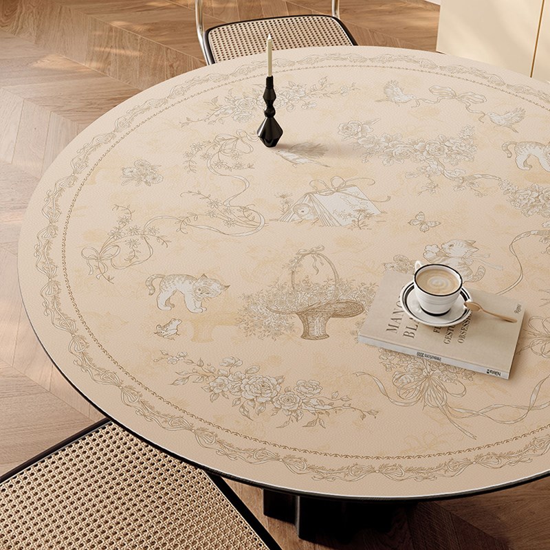 法式复古轻奢少女圆形皮革餐桌垫茶几台桌布防Q水高级感保护垫台