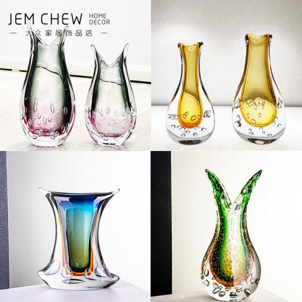 玄关桌酒店轻奢现代客厅双琉璃插花水培摆件拼色花器花瓶面样板间