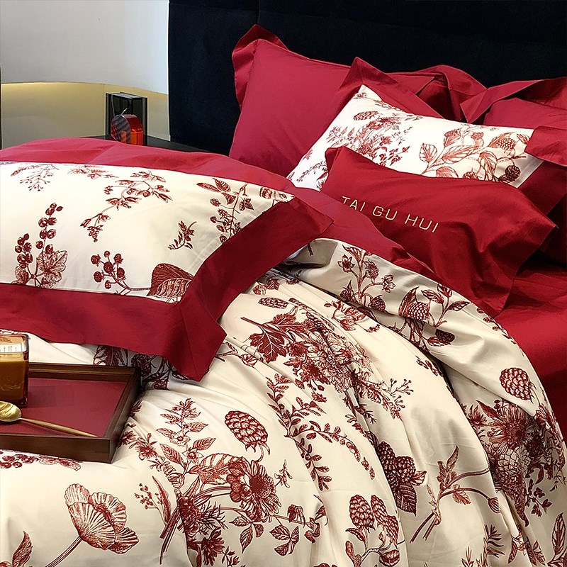 浪漫封存红色婚庆全棉四件套100s长绒棉L结婚被套床单纯棉嫁娶床