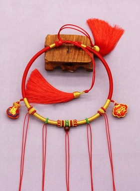 宝宝项圈编织红绳百天q抓周送礼项链金锁银锁儿童挂绳满月周岁礼
