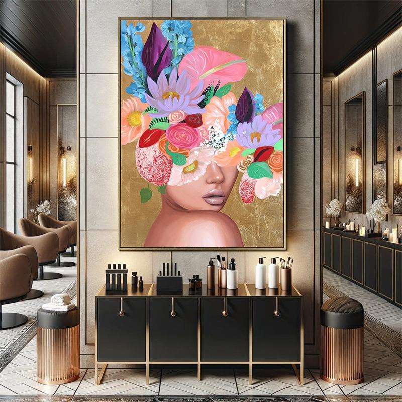 小众手绘金箔人物油画高档酒店大幅画出口外贸花卉肌理挂画大芬村