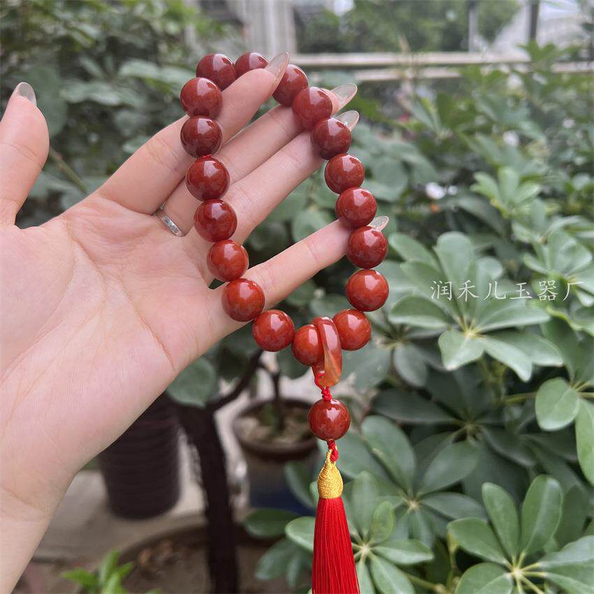 红玛瑙十八子手持珠链中国风柿子红玉髓玛瑙18子手持流苏