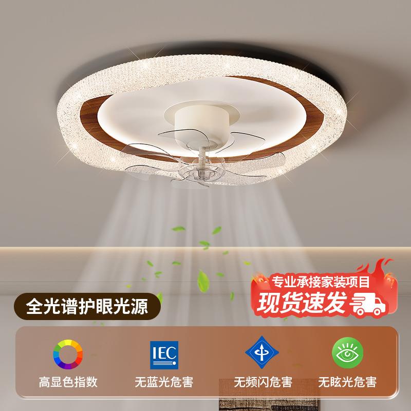 法式中古风卧室风扇吸顶灯胡桃木纹色主卧房间奶油风护眼全光谱灯图片