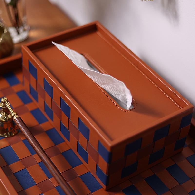 编织棋盘格纸巾盒PU皮质方形高级轻奢抽纸盒家用客厅茶几收纳托盘