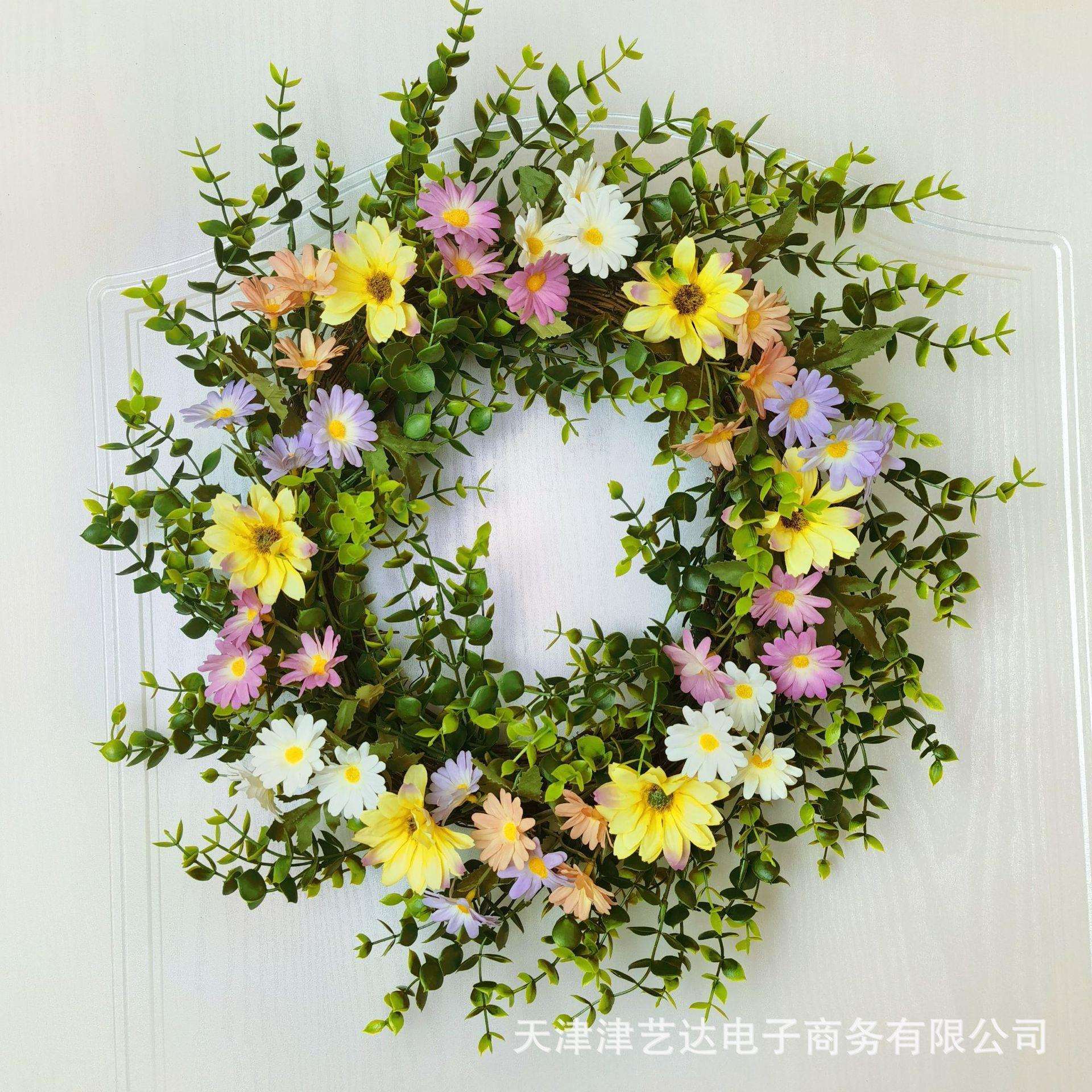 直销新款春季欧式仿真雏菊花环婚礼节日门楣家居挂饰装饰跨境货源