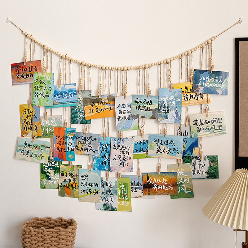 创意麻绳木珠悬挂照片展示夹客厅背景墙相片收纳夹子墙Y面装饰挂