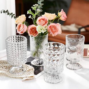 复古水晶法式轻奢网红高脚水养鲜插花玻璃大花瓶玫瑰花瓶浮雕透明