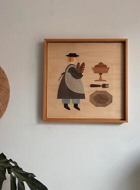 中古风卡通客厅装饰画原木风小众艺术高级感入户玄关走廊挂画