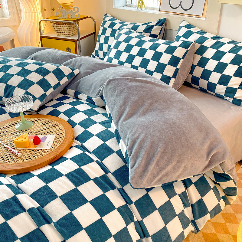 2023新款冬季珊瑚绒床上四件套牛奶绒被套法兰绒面V床单宿舍三件