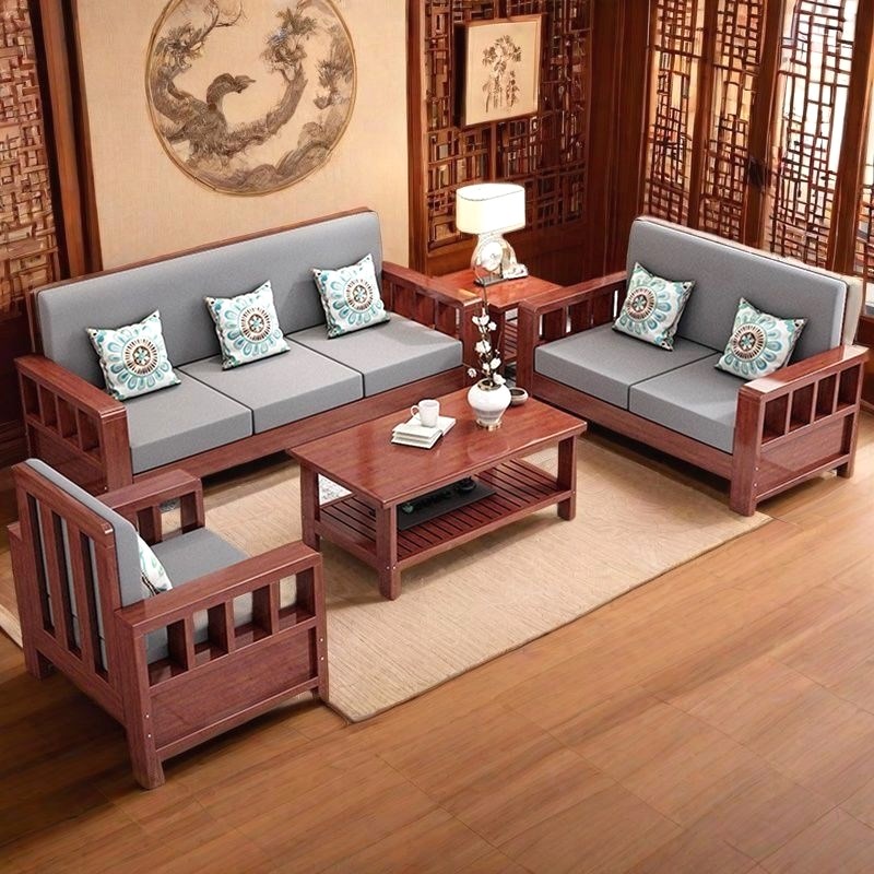 红木色实木沙发组合中式家用客厅小户型庭M院三人位复古沙发座椅