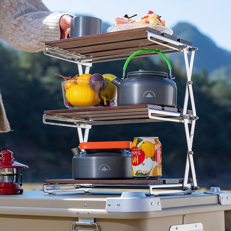 户外露营便携迷你三层置物架野餐C多功能自驾游多层实木折叠置物