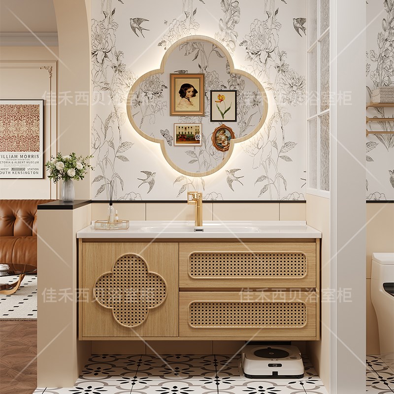 日式侘寂原木风一体陶瓷盆藤编浴室柜组合卫N生间洗漱洗手洗脸台