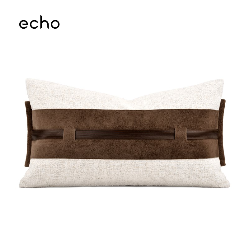 新中式样板间侘寂风日式棕咖x科技绒拼接棉麻抱枕沙发床上腰枕靠