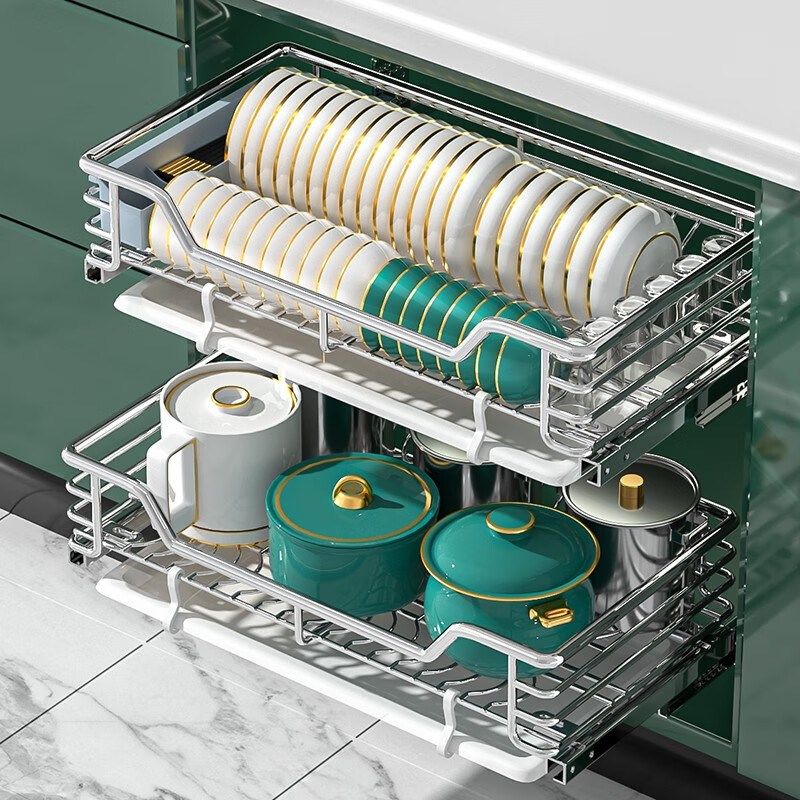 304不锈钢拉篮厨房橱柜抽屉收纳置物H碗篮双层厨柜内碗架放碗拉蓝