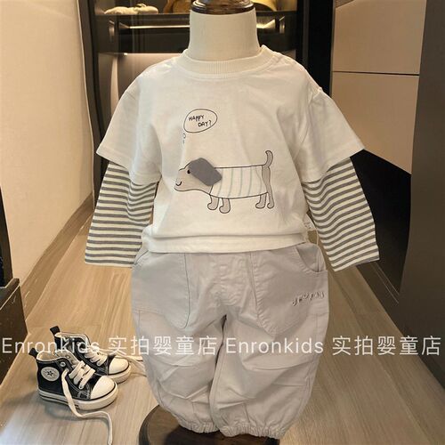 婴童假两件上衣春秋季百搭T恤男女宝宝纯棉长袖婴儿时尚1-2岁衣服