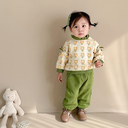 加绒保暖婴儿长袖套装秋冬女宝宝套头卫衣+裤子两件套婴幼童 新款