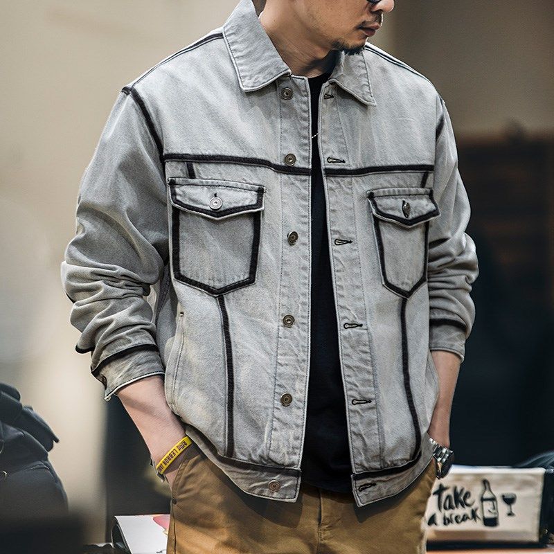 美式水洗描边牛仔外套男春季2025新款潮牌复古轧染翻领工装夹克男,男装,牛仔外套,淘宝优惠券,粉丝福利购,淘宝优惠卷