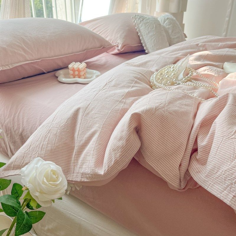 春夏季纯色亲肤水洗棉四件套条纹款被套床单2024新床品床笠款1.8m,床上用品,床品套件/四件套/多件套,淘宝优惠券,粉丝福利购,淘宝优惠卷